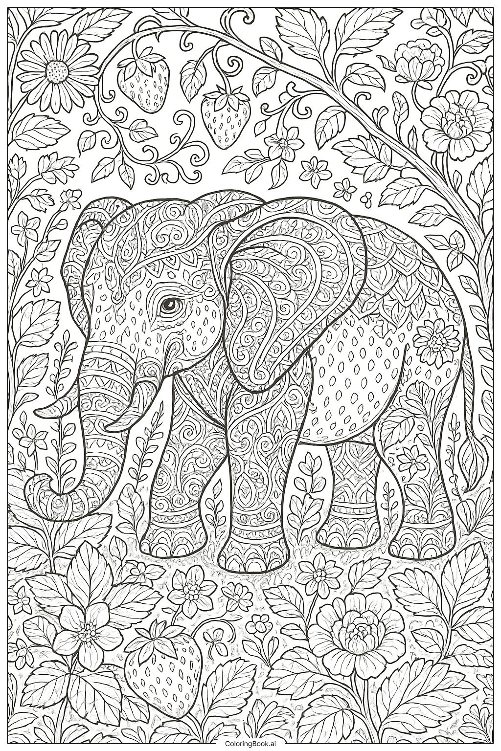  详细花园景观中的草莓大象填色页 