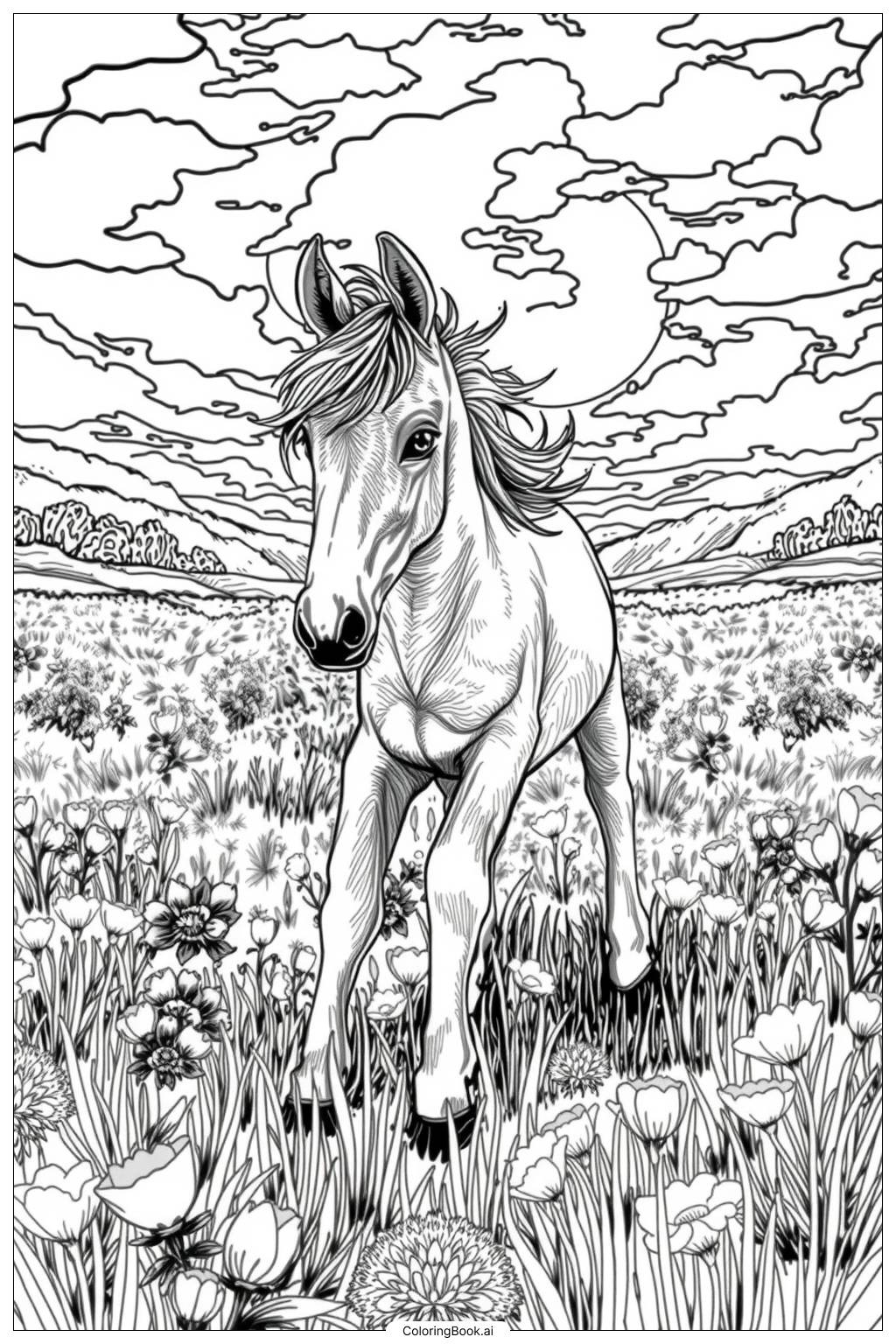  Page de coloriage Bébé Cheval dans un Pré 