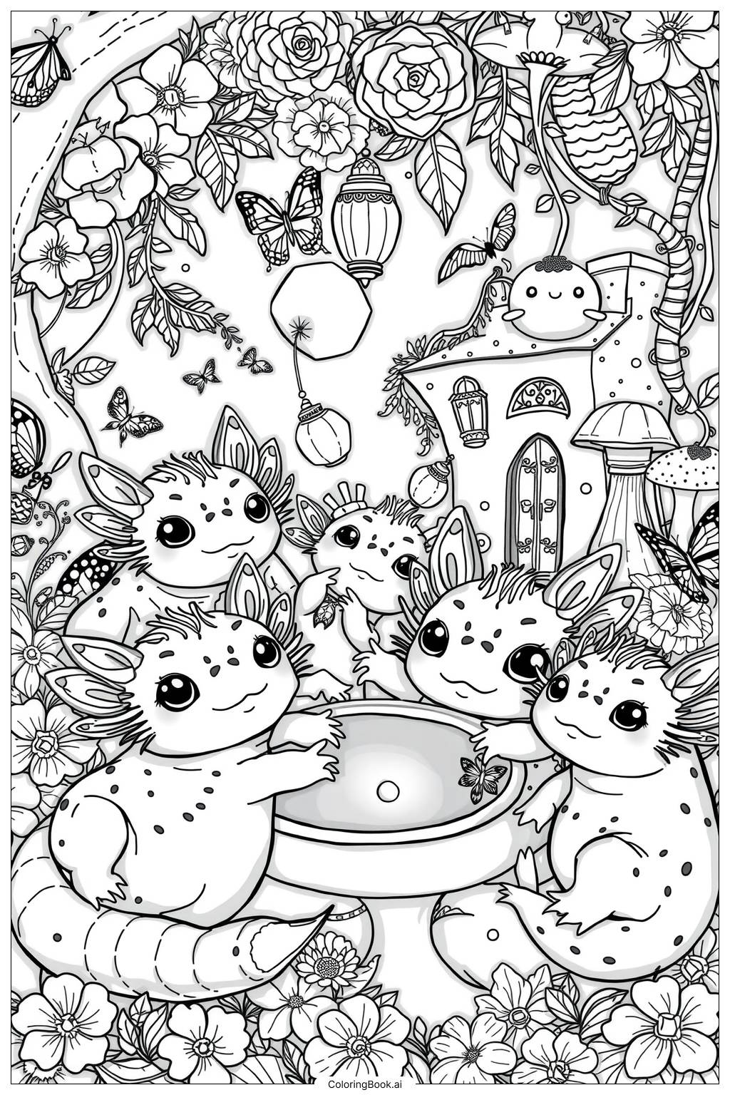  Page de coloriage Fête au jardin des Axolotls Kawaii 