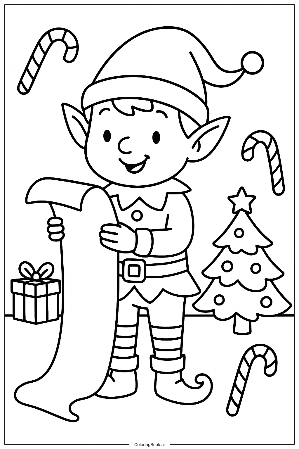  Página para colorir de Duende do Papai Noel Lendo uma Lista Longa 