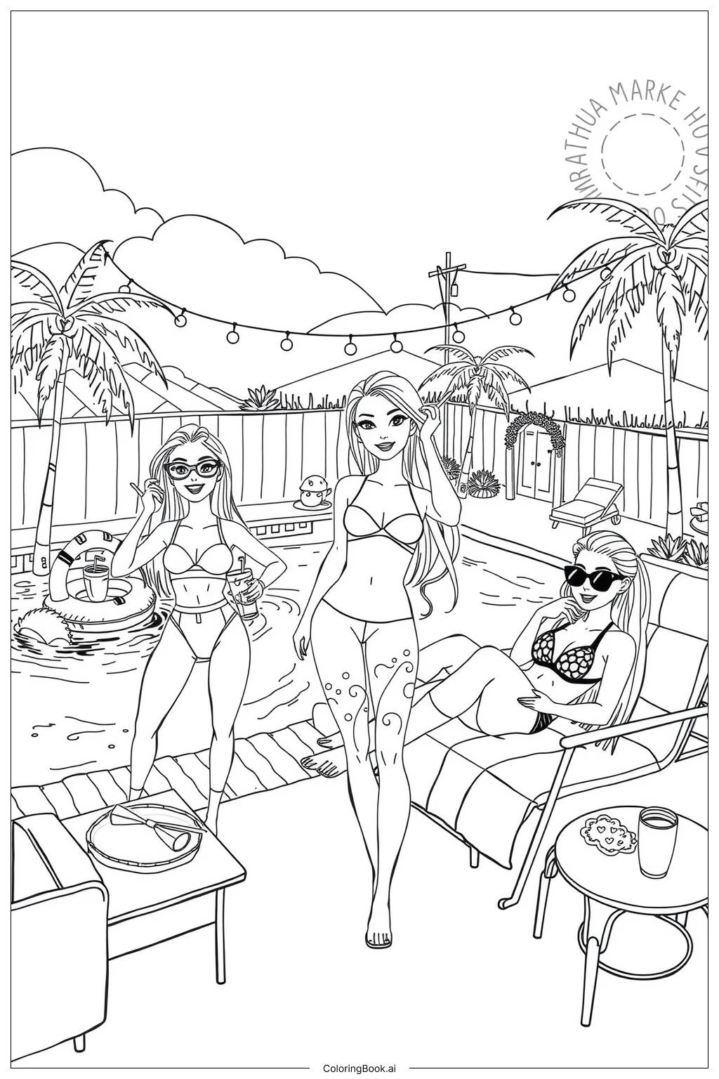  Page de coloriage la fête au bord de la piscine de Barbie à Malibu 