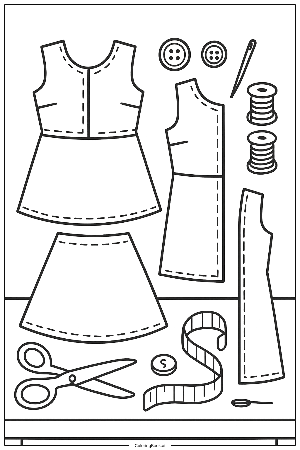  Dress Pattern Pieces Spread on Table Coloring Page 