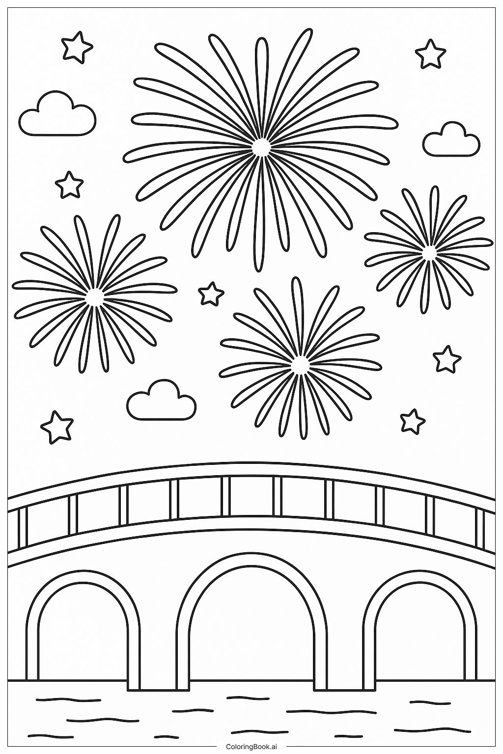 A Bridge With Fireworks Above Coloring Page