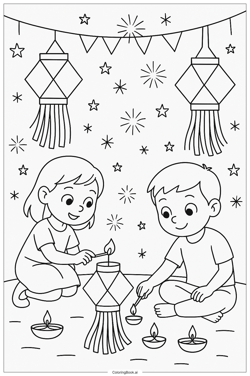 Página para colorear de A Diwali Scene With Lanterns