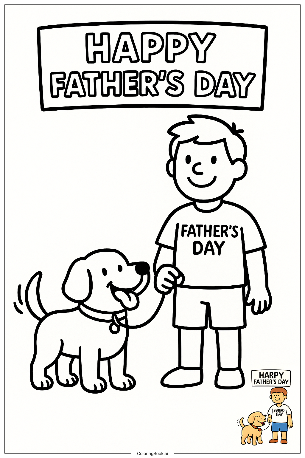  Página para colorir de Pai com o Cão Caminhador do Dia dos Pais 