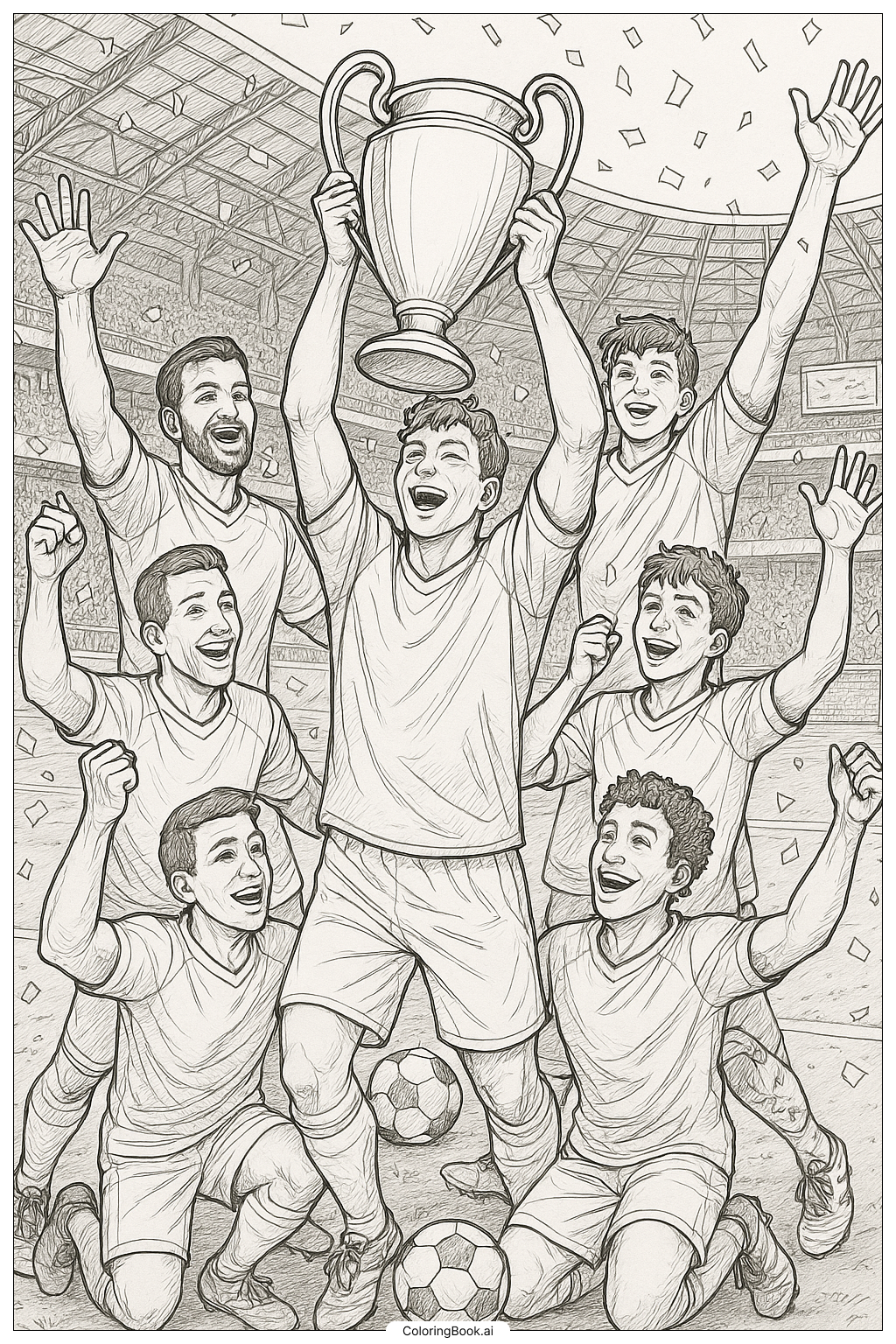  Fußballspieler hebt mit Team einen Pokal Ausmalseite 