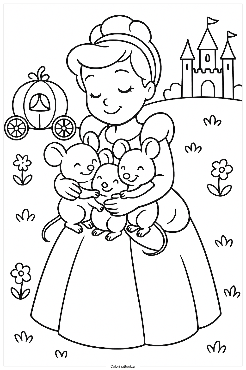 Página para colorear de Cenicienta abrazando a los ratones 