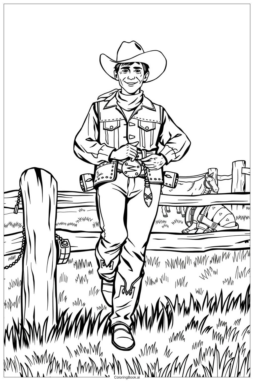  Cowboy sitting on a fence with a hat-2 Coloring Page 