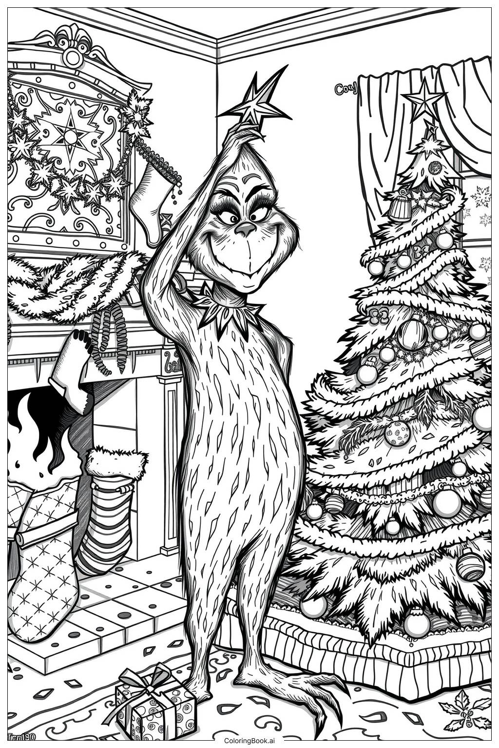  Page de coloriage Le Grinch décorant un sapin de Noël 