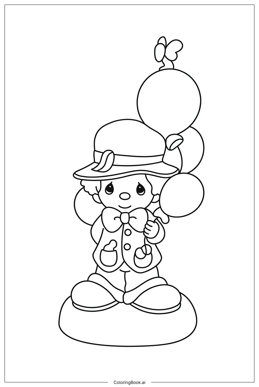  Página para colorear de Payaso de Precious Moments sostiene globos en una fiesta 