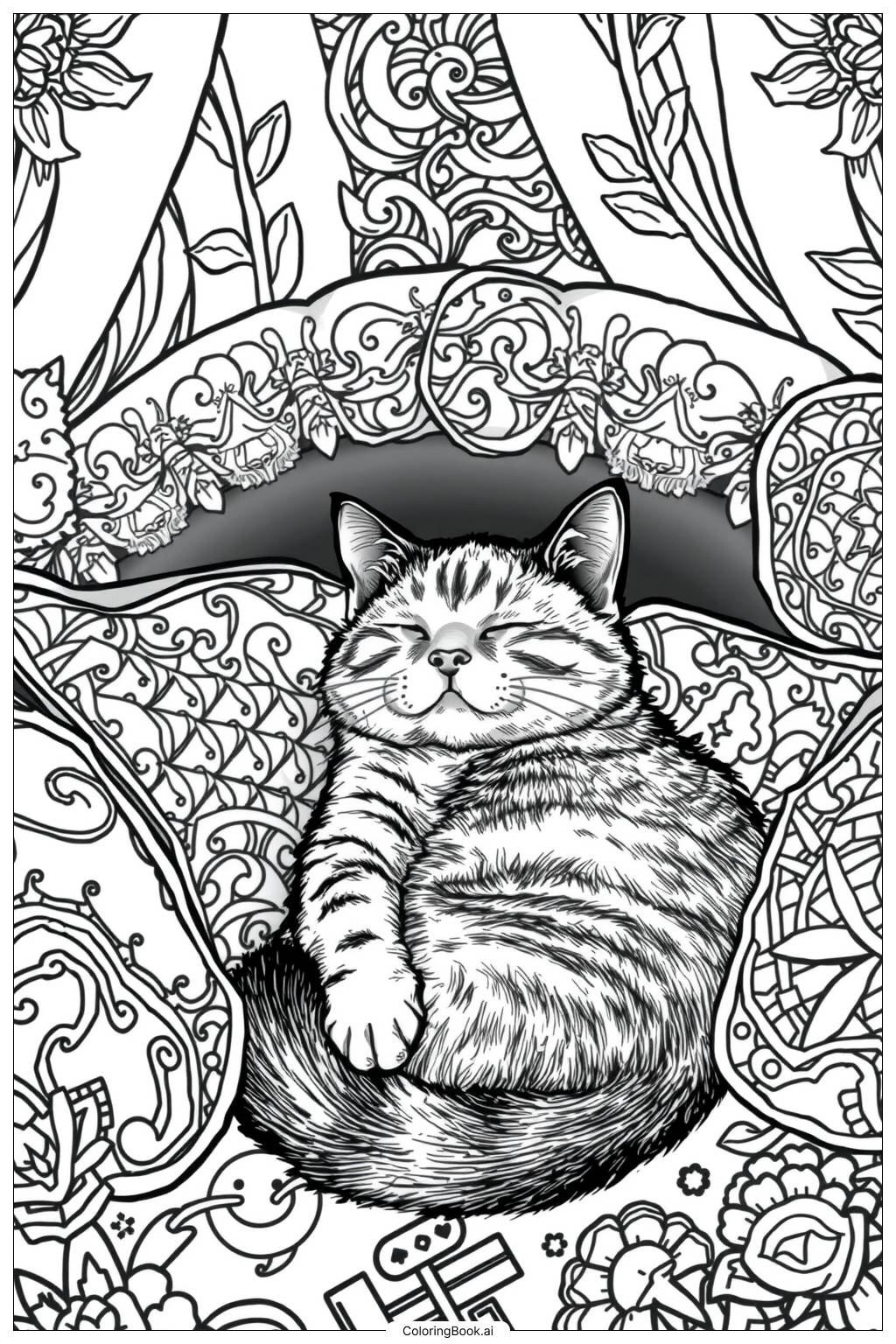  Page de coloriage Chat Heureux Dormant 