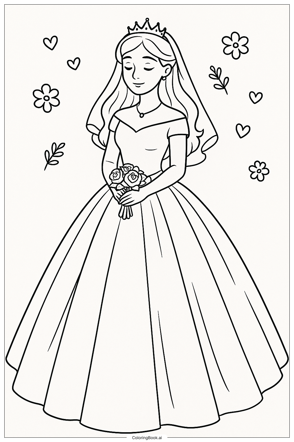  美しいボールガウンのウエディングドレスの塗り絵ページ 