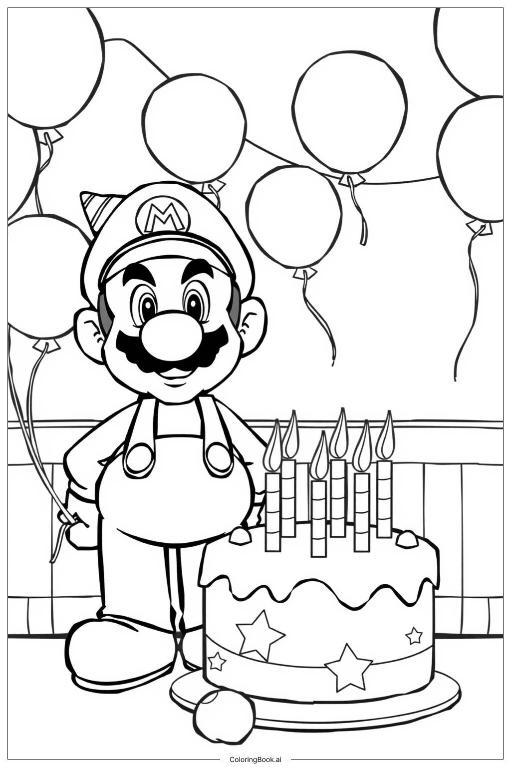  Page de coloriage Mario Célébrant un Anniversaire 