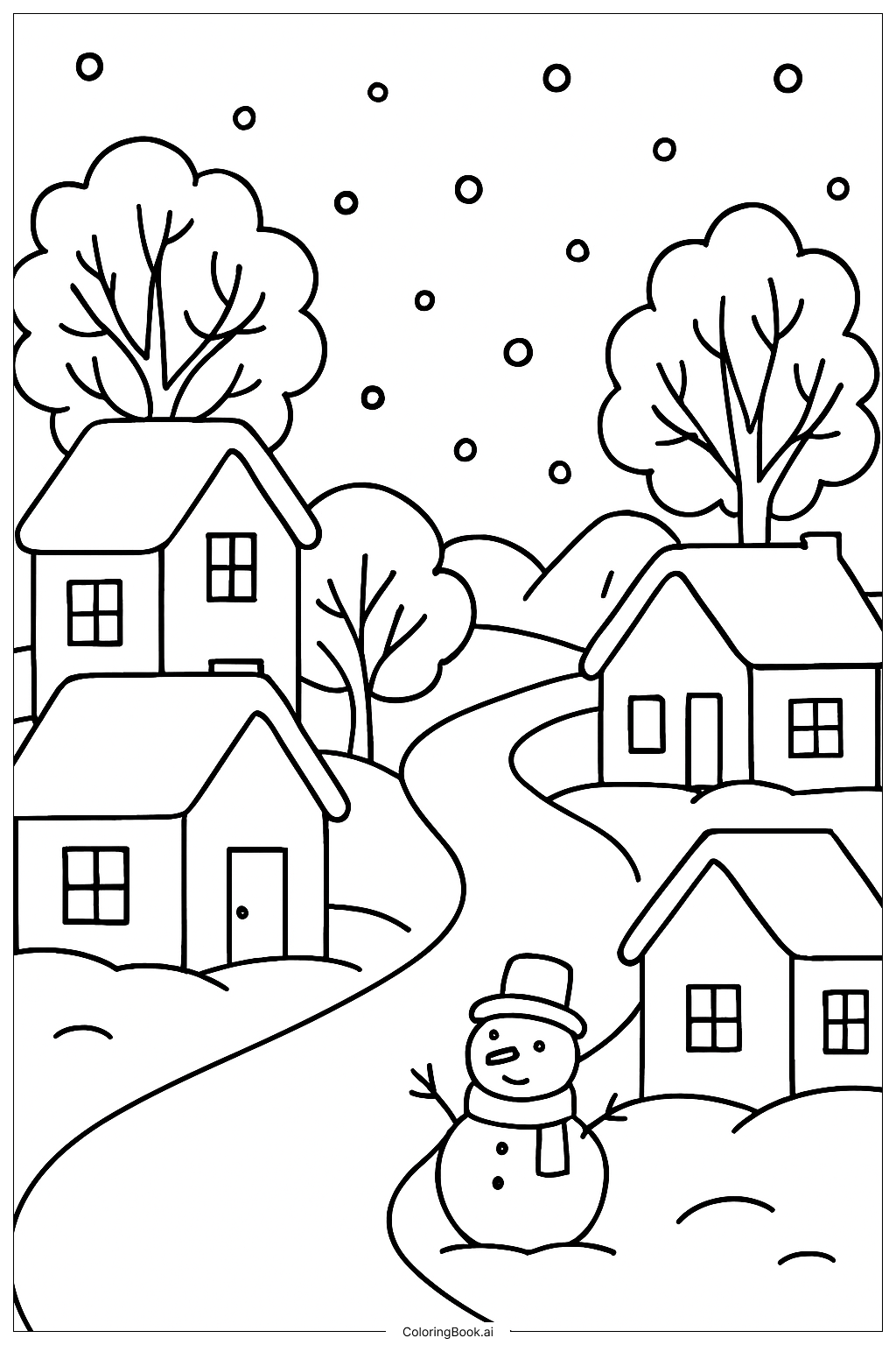 一个雪白冬季的村庄街道填色页