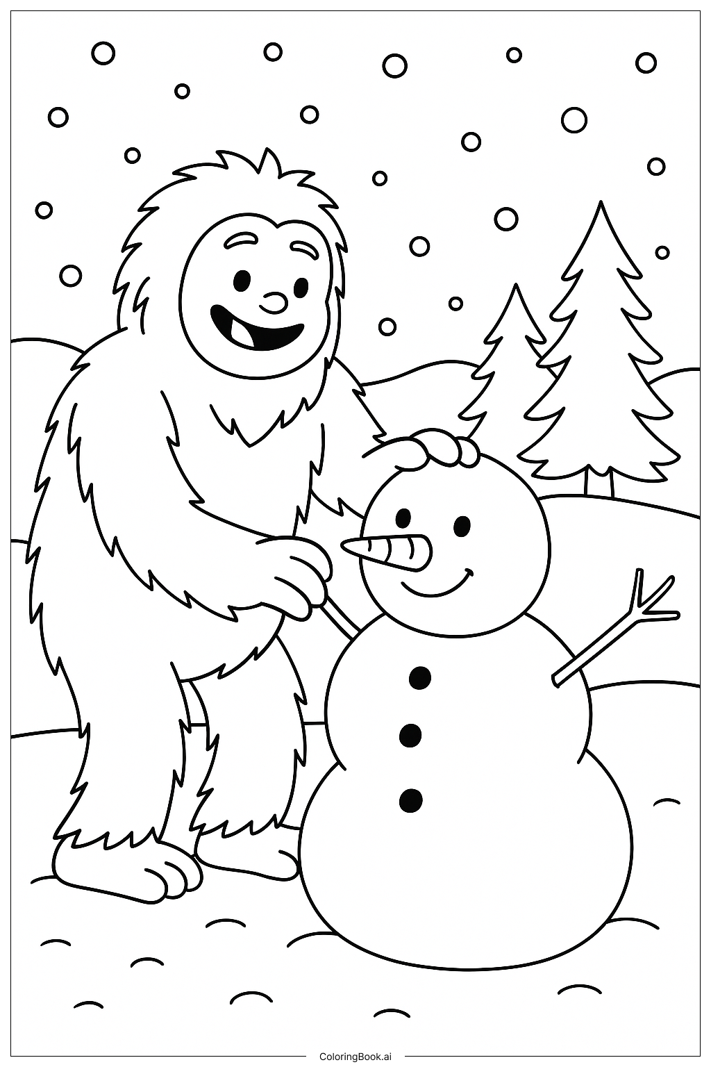  Page de coloriage Yéti construisant un bonhomme de neige 