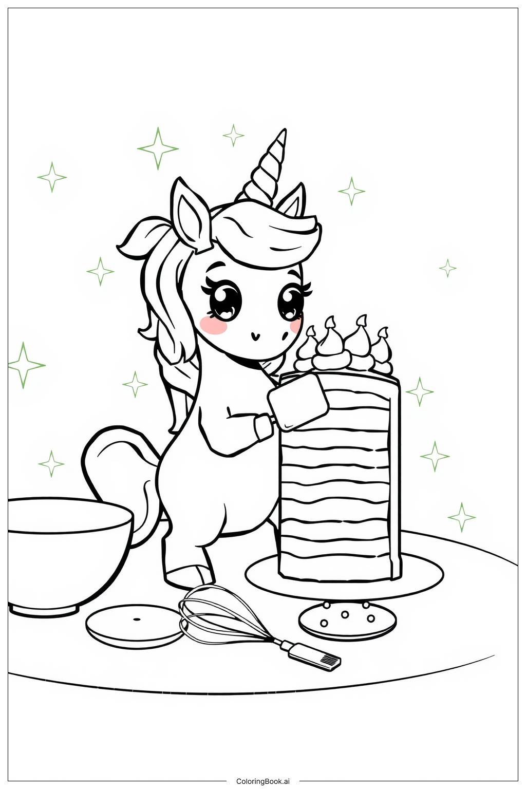  Page de coloriage licorne cuisinant un gâteau arc-en-ciel magique 