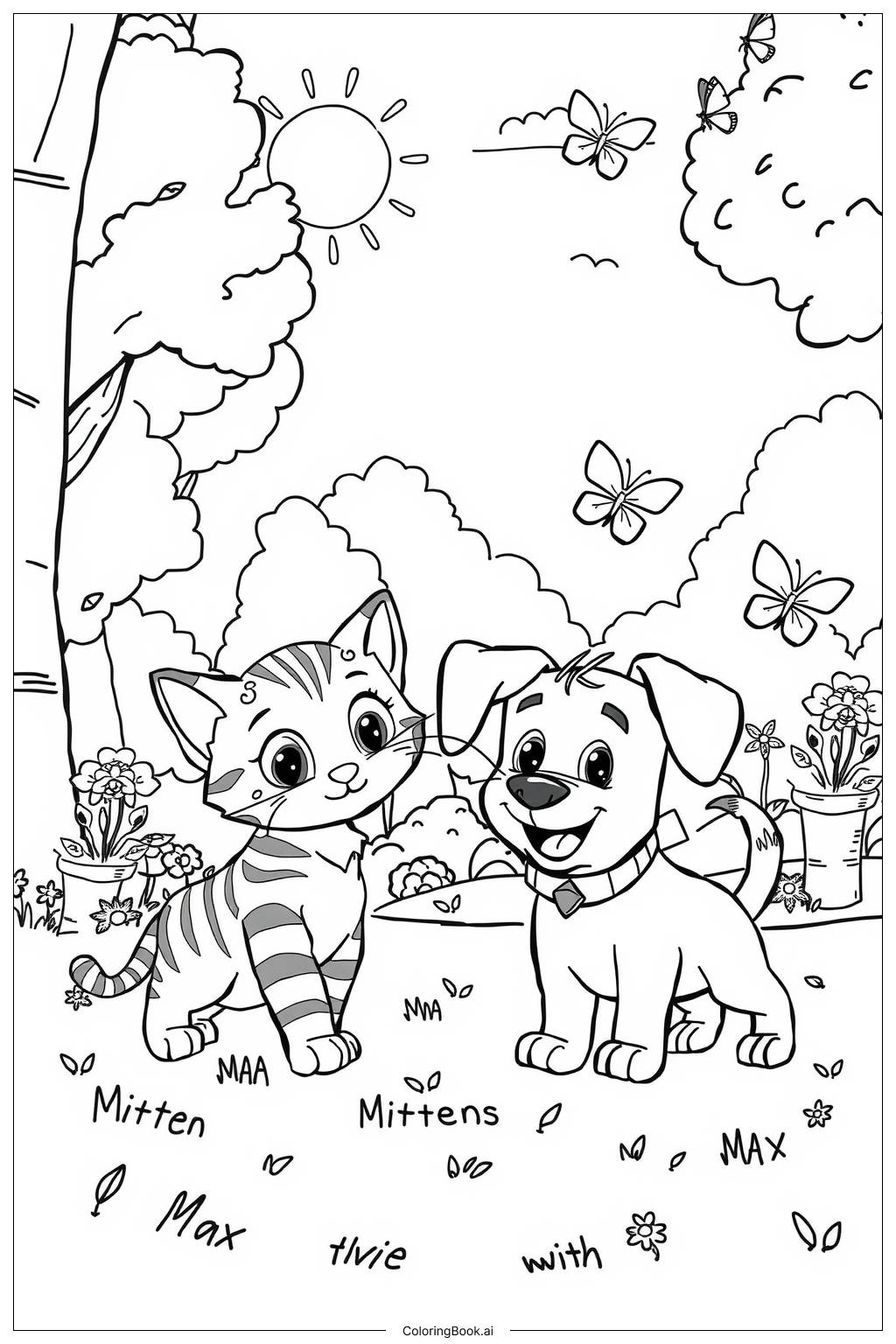  Adventures of a kitten and her puppy friend Coloring Page 