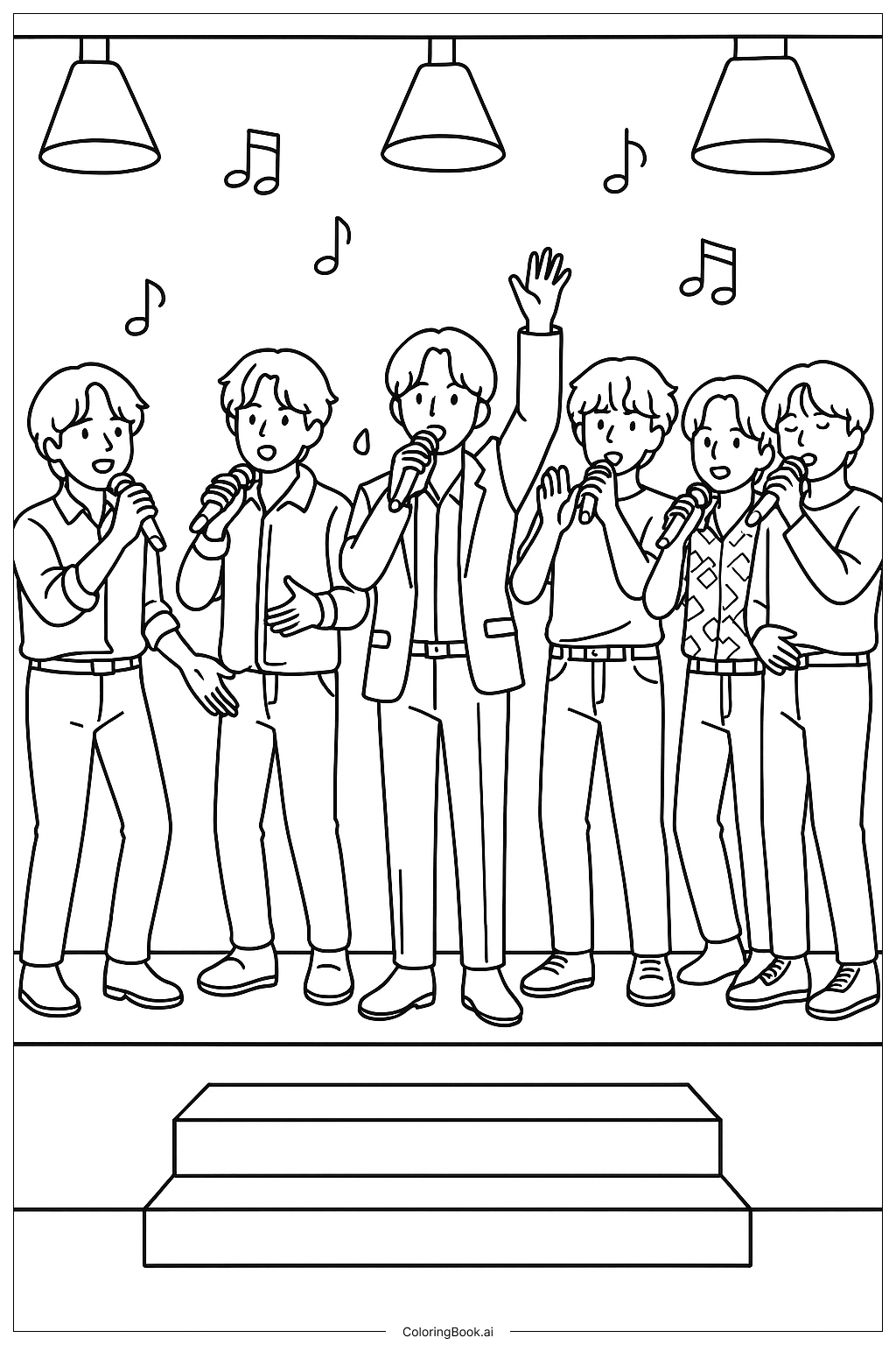  Page de coloriage BTS en représentation sur une scène simple 