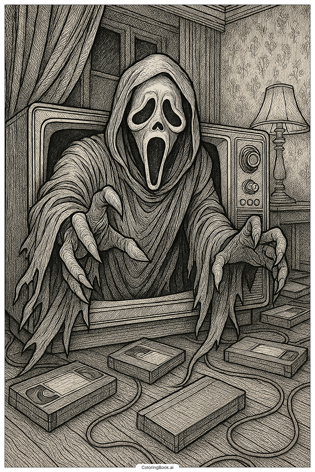  Página para colorear de Ghostface emergiendo de una pantalla de televisión 