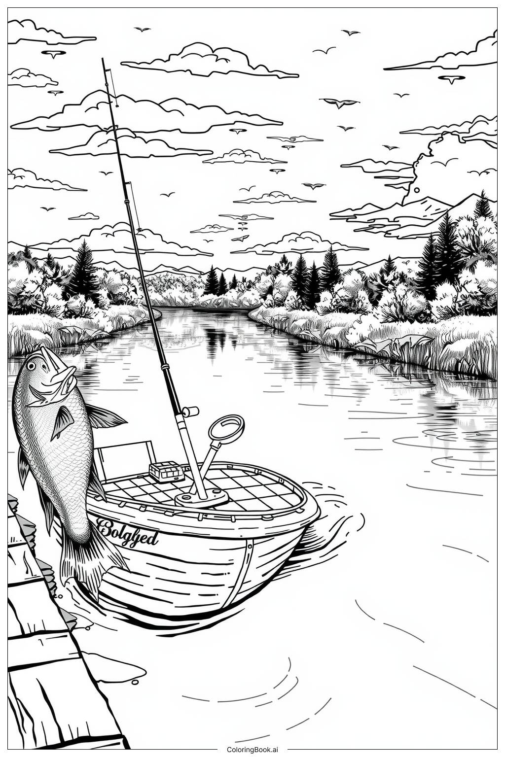  Page de coloriage Bateau de pêche sur une rivière tranquille 