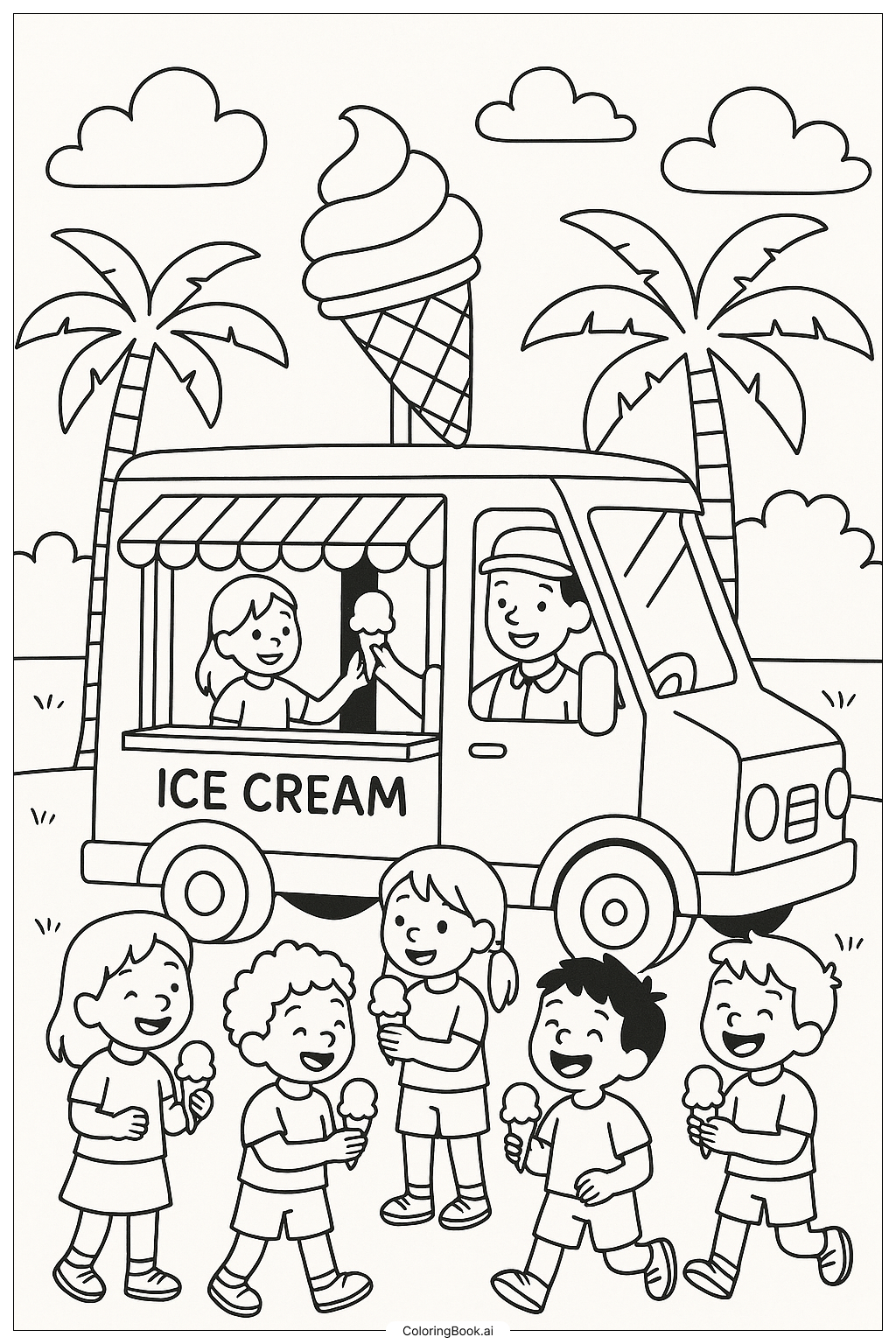 A Busy Summer Ice Cream Truck Coloring Page 