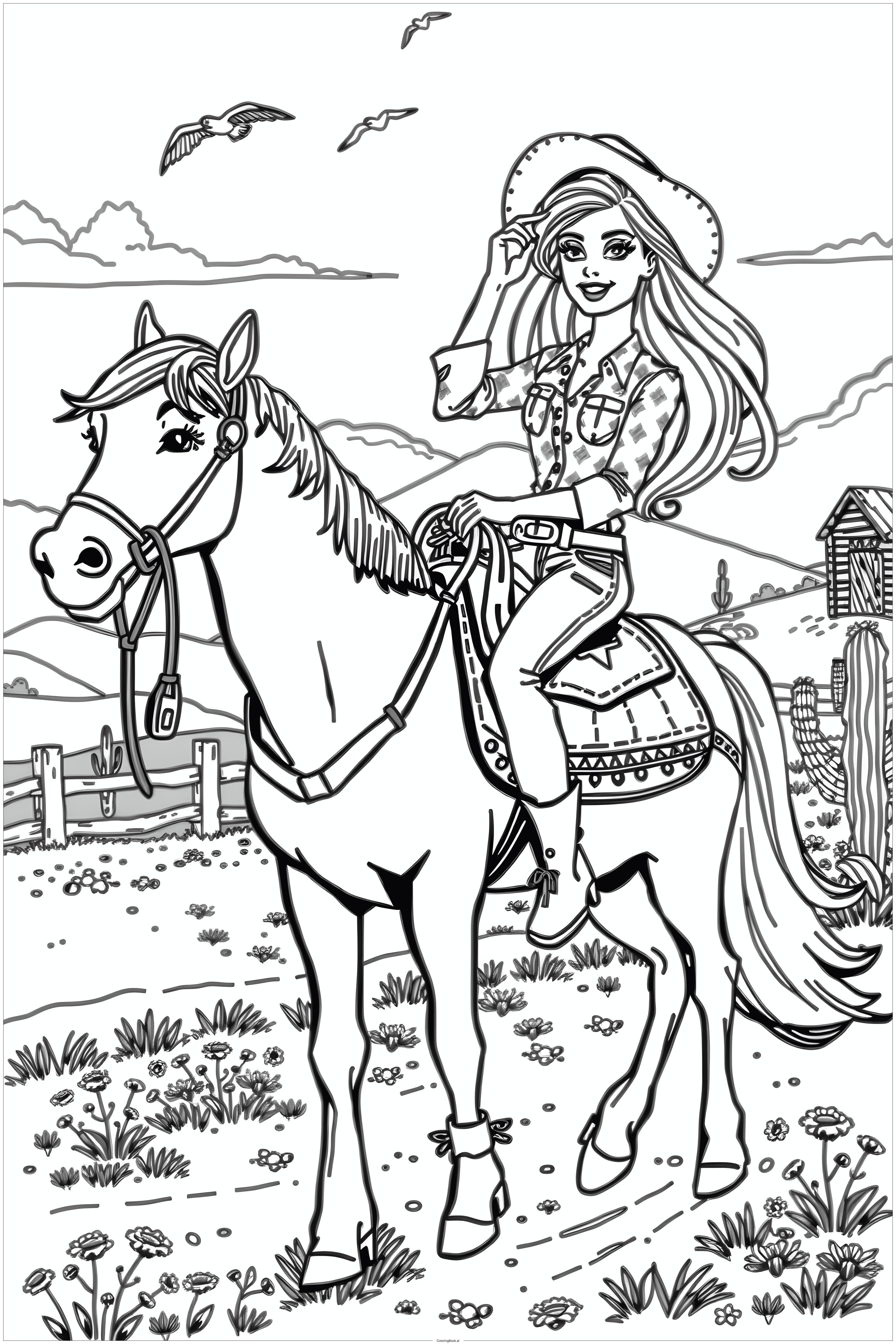  Page de coloriage barbie cowgirl montant un cheval 