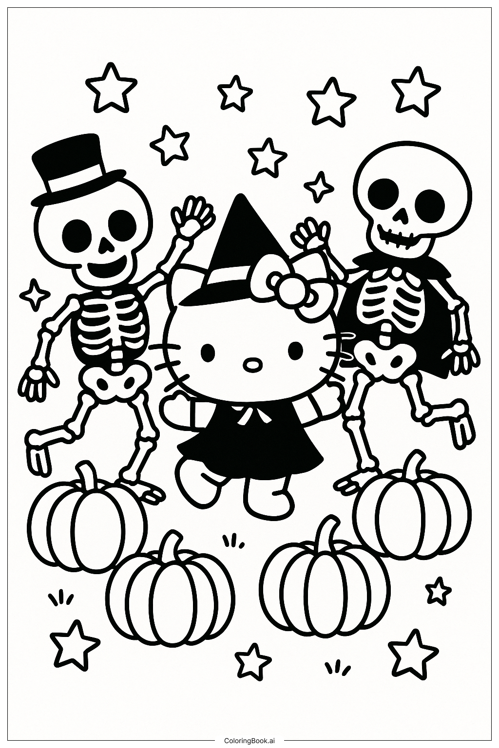 Trang tô màu Hello Kitty Nhảy Cùng Bộ Xương