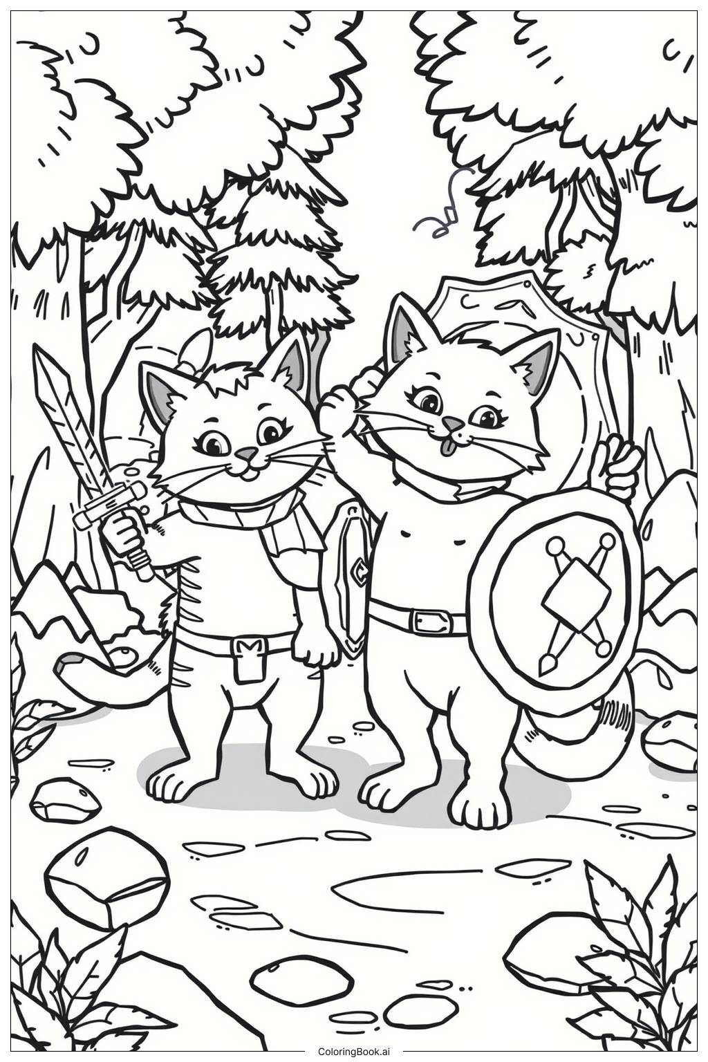  Page de coloriage Scène de bataille de chats guerriers 