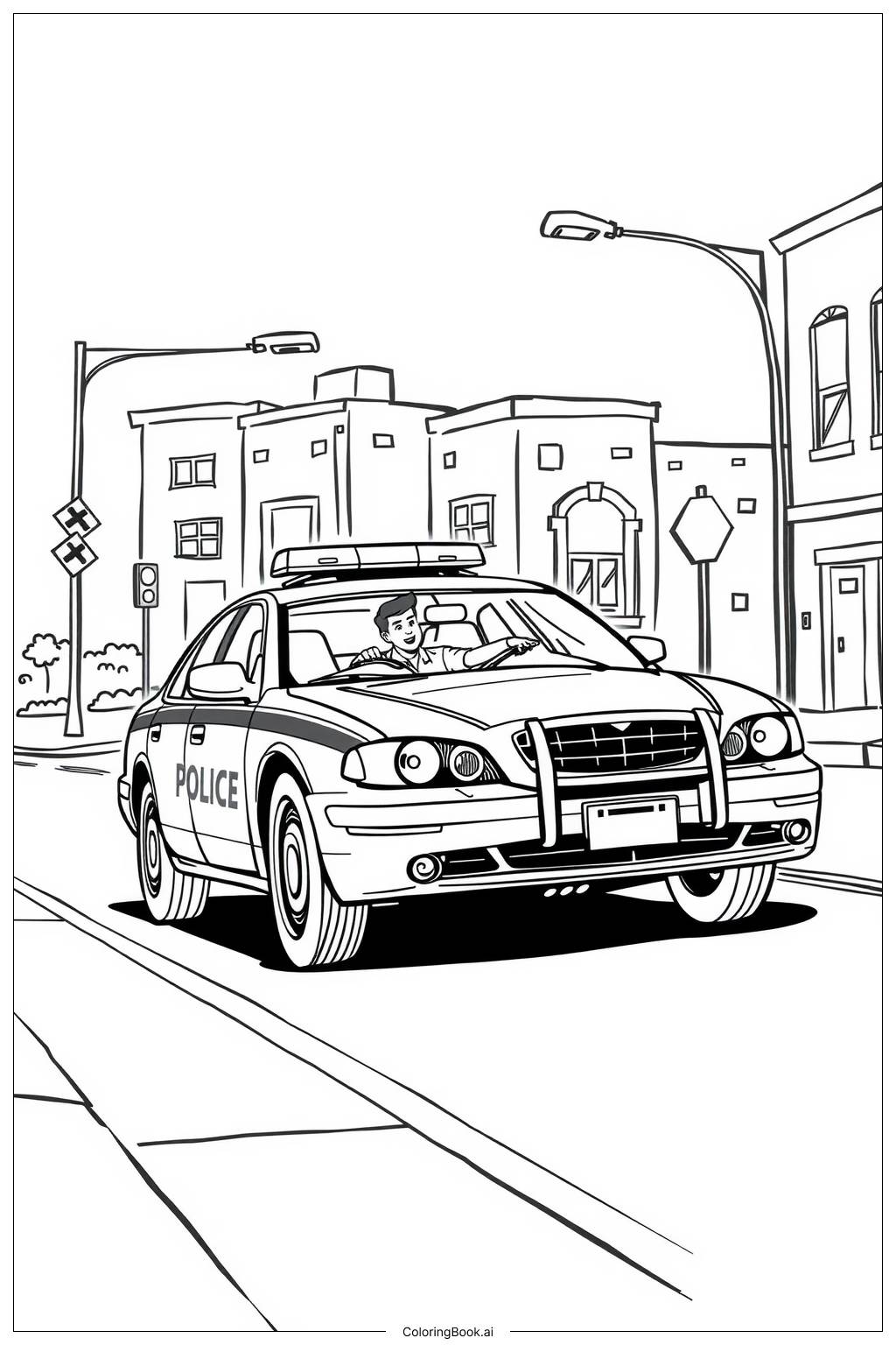  Police Car on the Road Coloring Page 