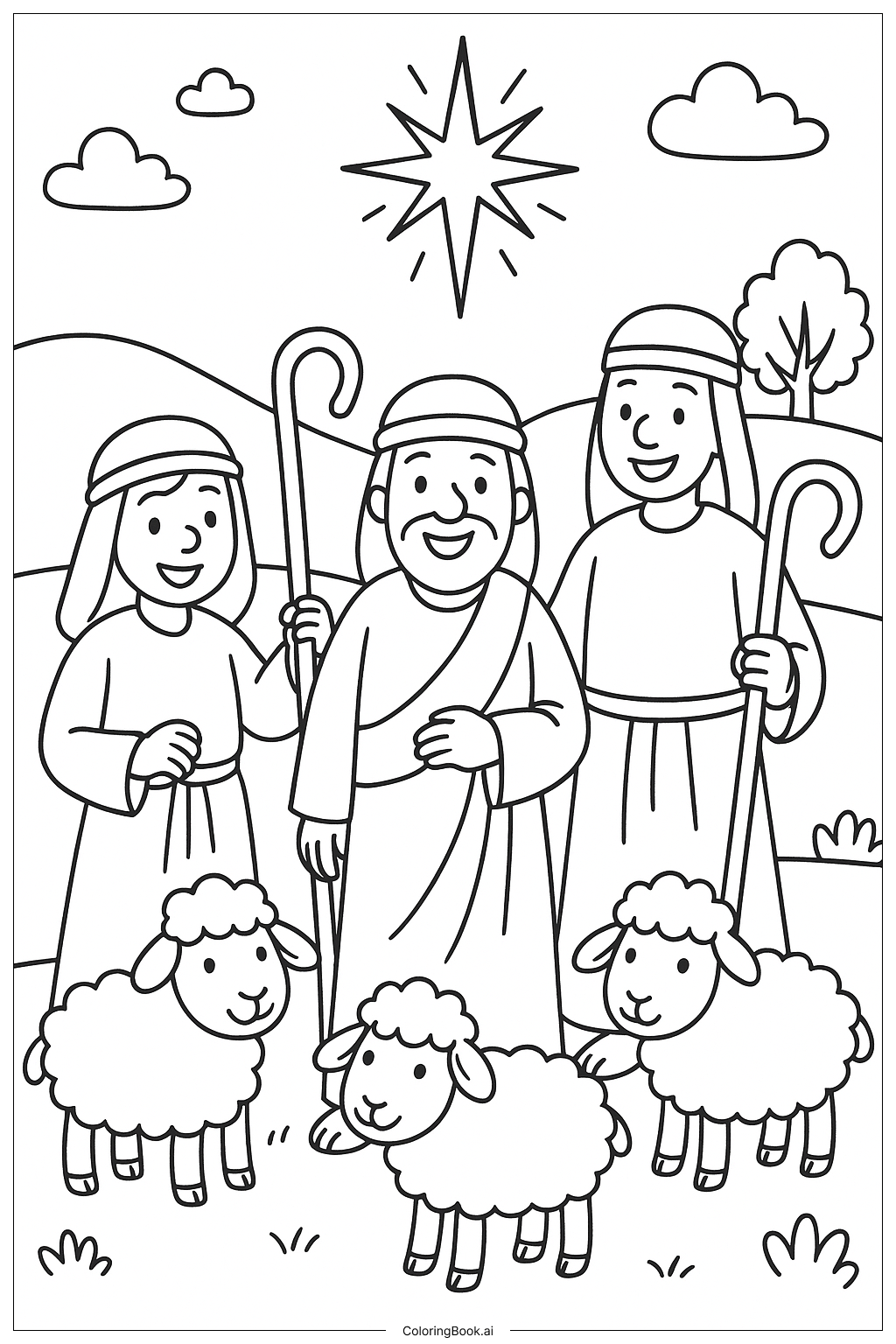  Page de coloriage Ésaïe 9:6 Avec les bergers et les moutons 