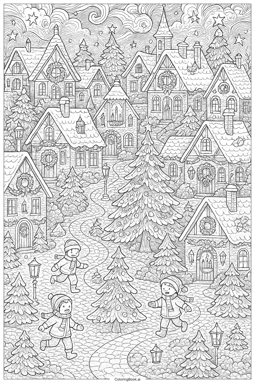  정교한 대림절 마을 풍경 색칠공부 페이지 