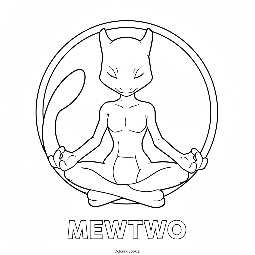  Page de coloriage Mewtwo méditant paisiblement avec son nom en dessous 