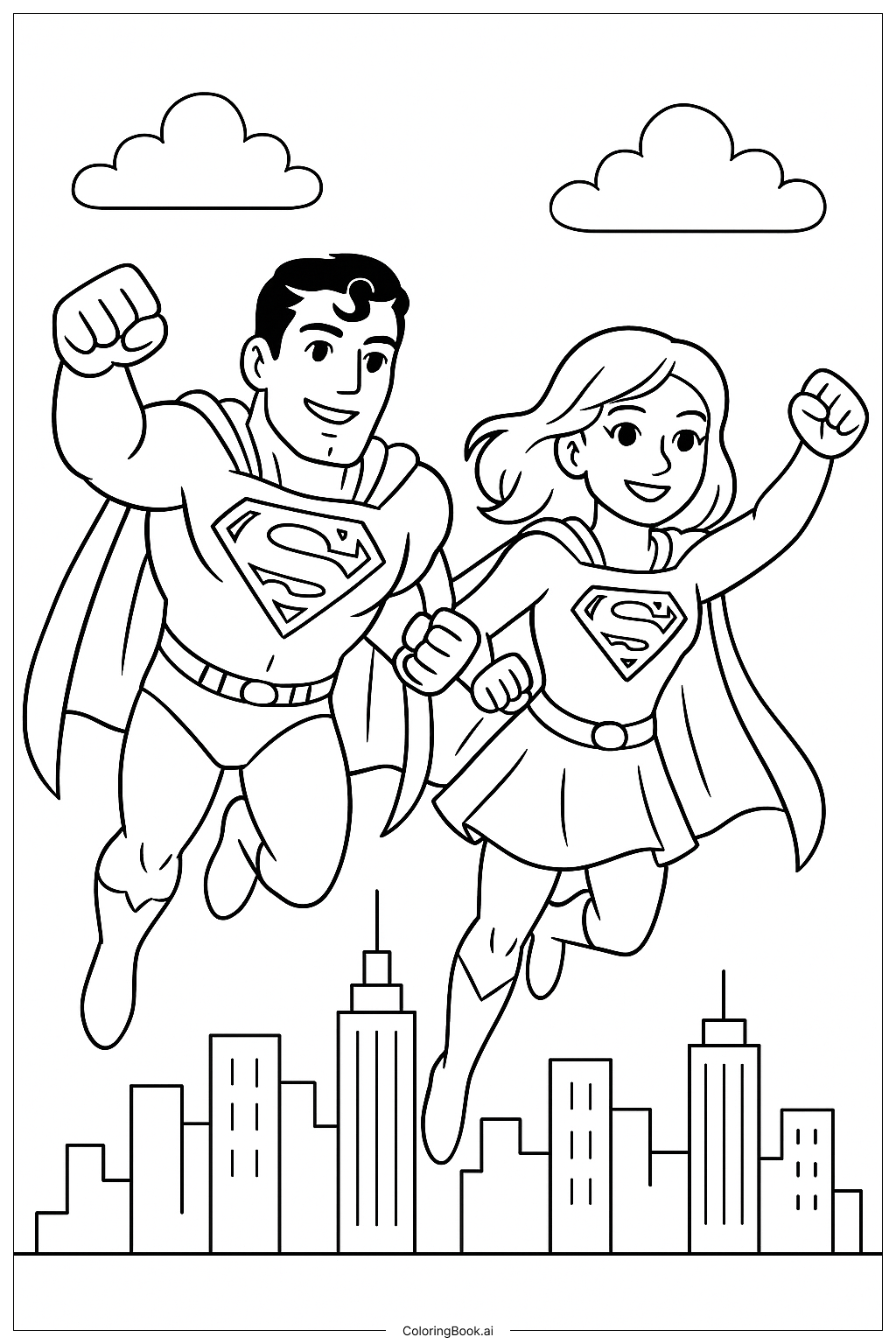  Página para colorear de Superman y Supergirl volando juntos 