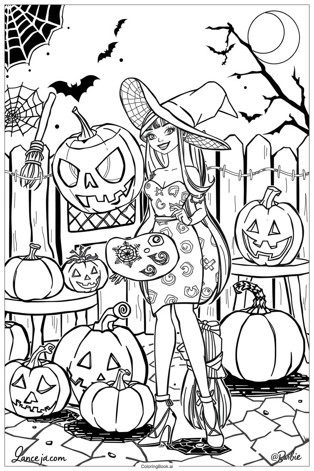  Página para colorear de barbie halloween decoración de calabazas 