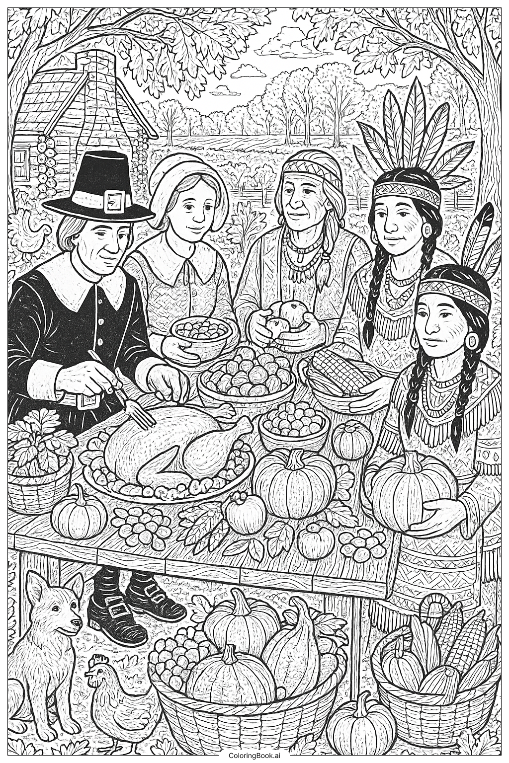  Página para colorear de Peregrinos y Nativos Compartiendo la Cosecha de Acción de Gracias 