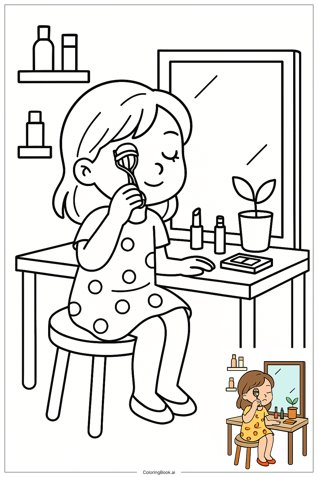 女孩在化妆前使用睫毛夹填色页