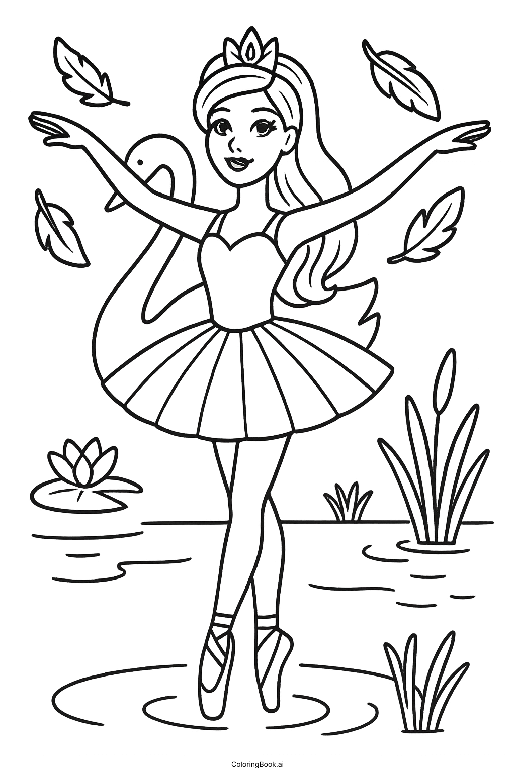 Página para colorir de Barbie Em uma Pose de Balet no Lago dos Cisnes 