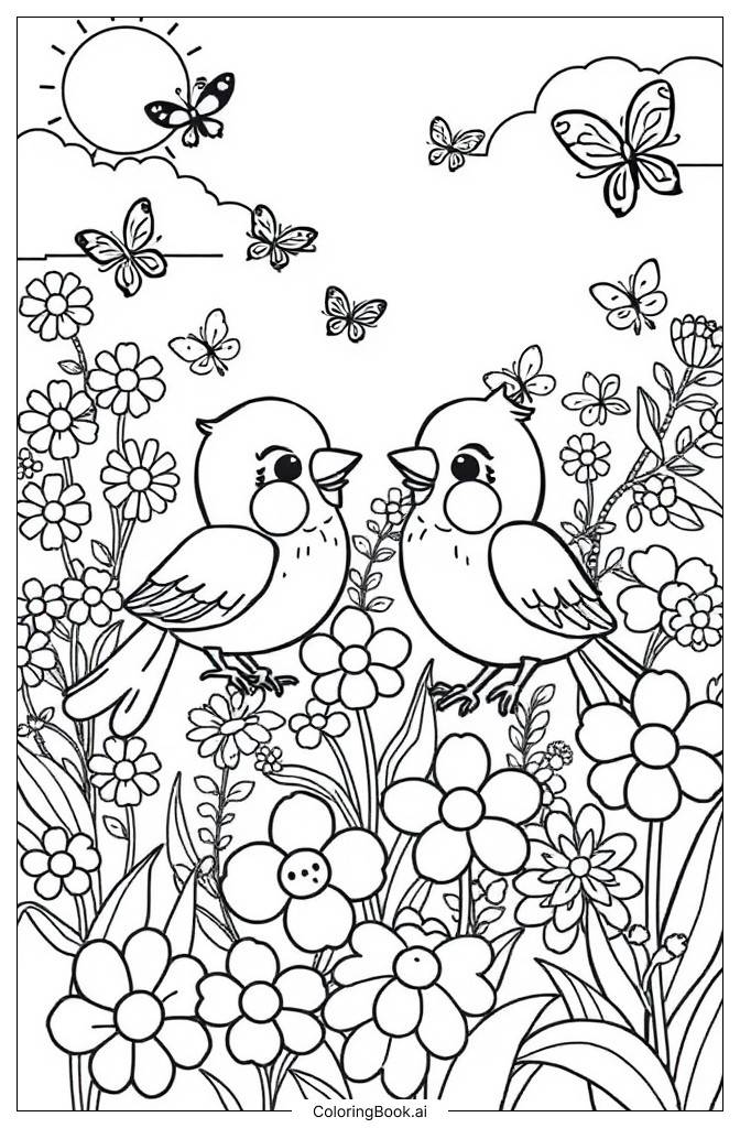  Birds and flowers Coloring Page 