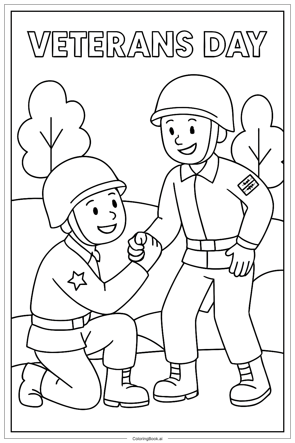  老兵节士兵帮助战友填色页 