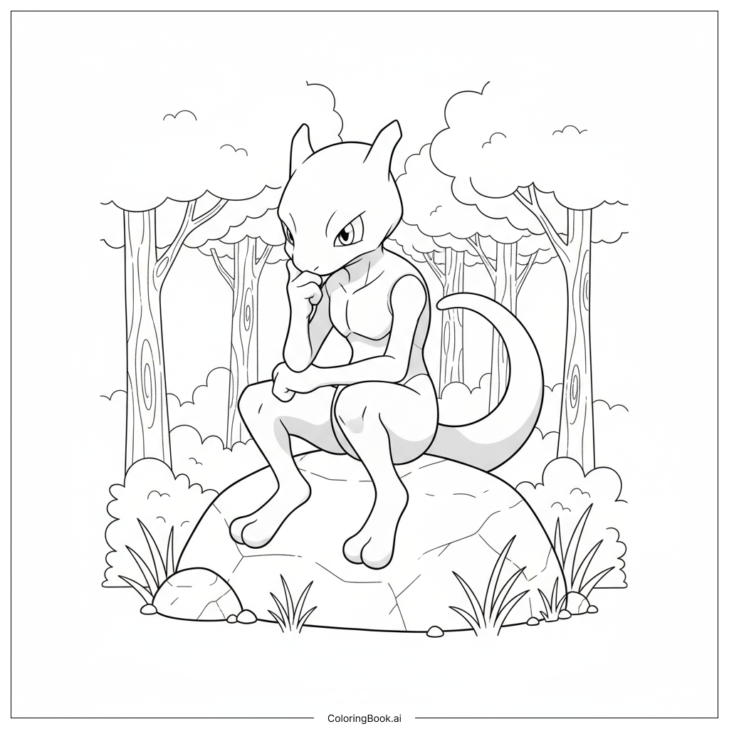  Page de coloriage Mewtwo Assis Sur Un Rocher En Train De Réfléchir Dans Une Forêt 