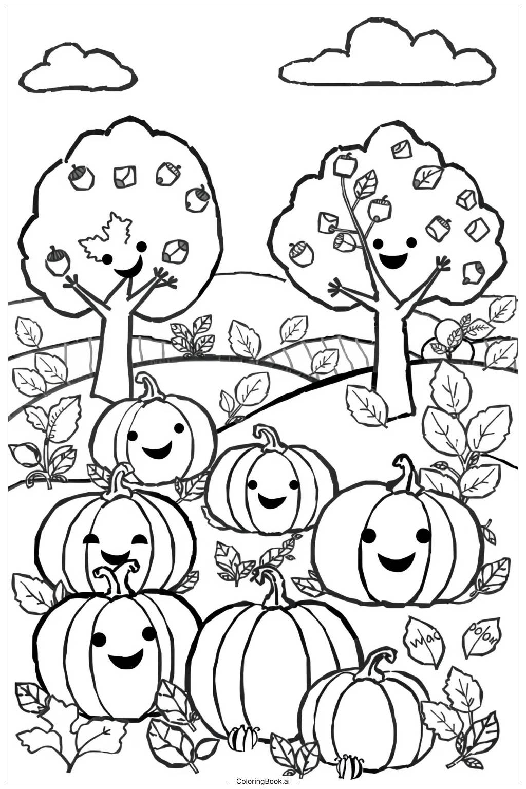  Página para colorear de Escena de cosecha de otoño con calabazas y árboles 