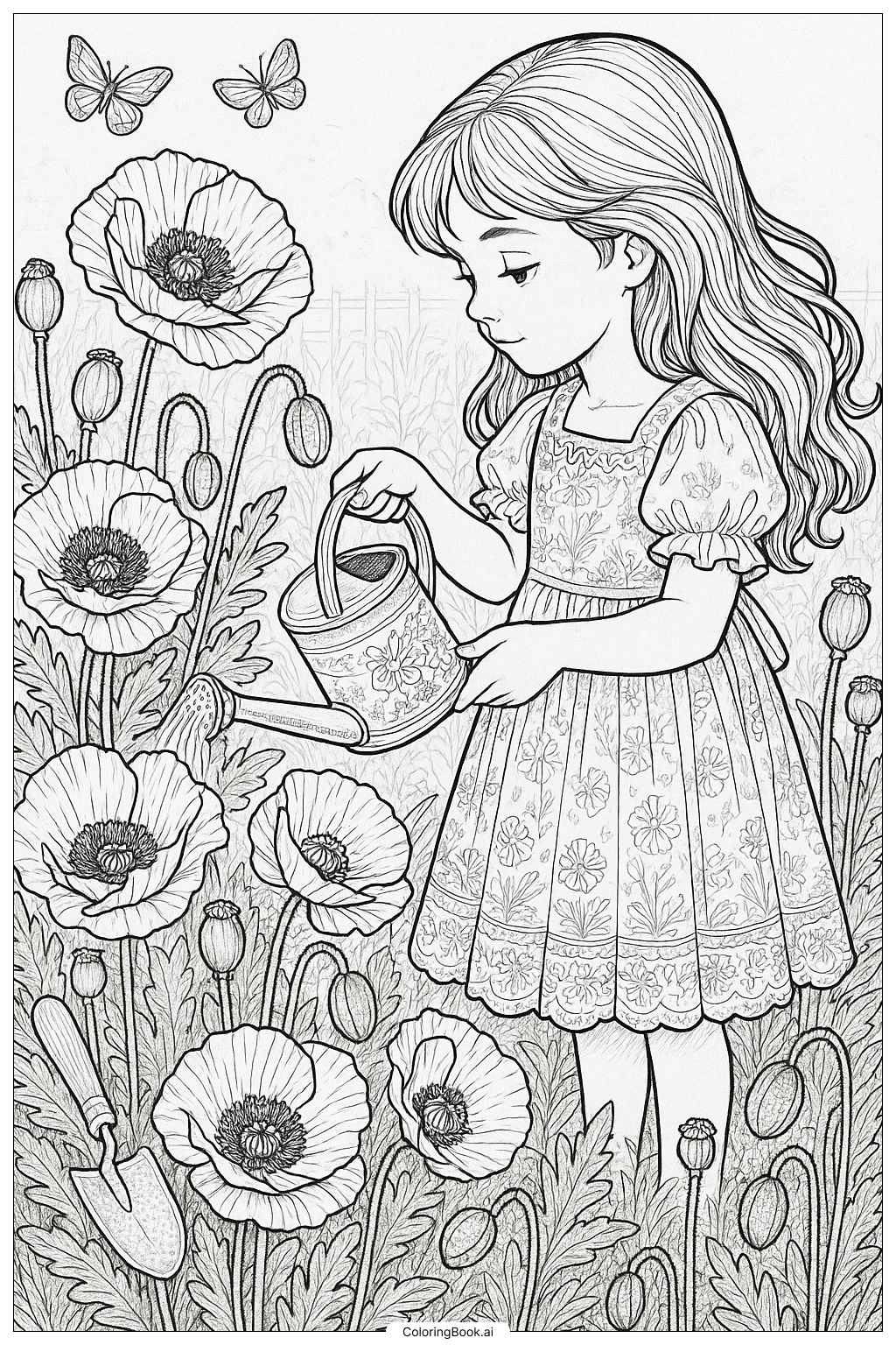  Trang tô màu Cô Bé Tưới Vườn Hoa Anh Túc 