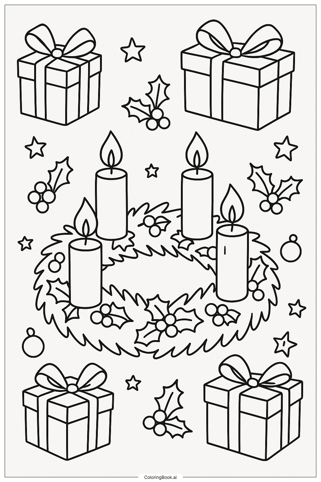  Advent Wreath with Gifts Nearby Ausmalseite 