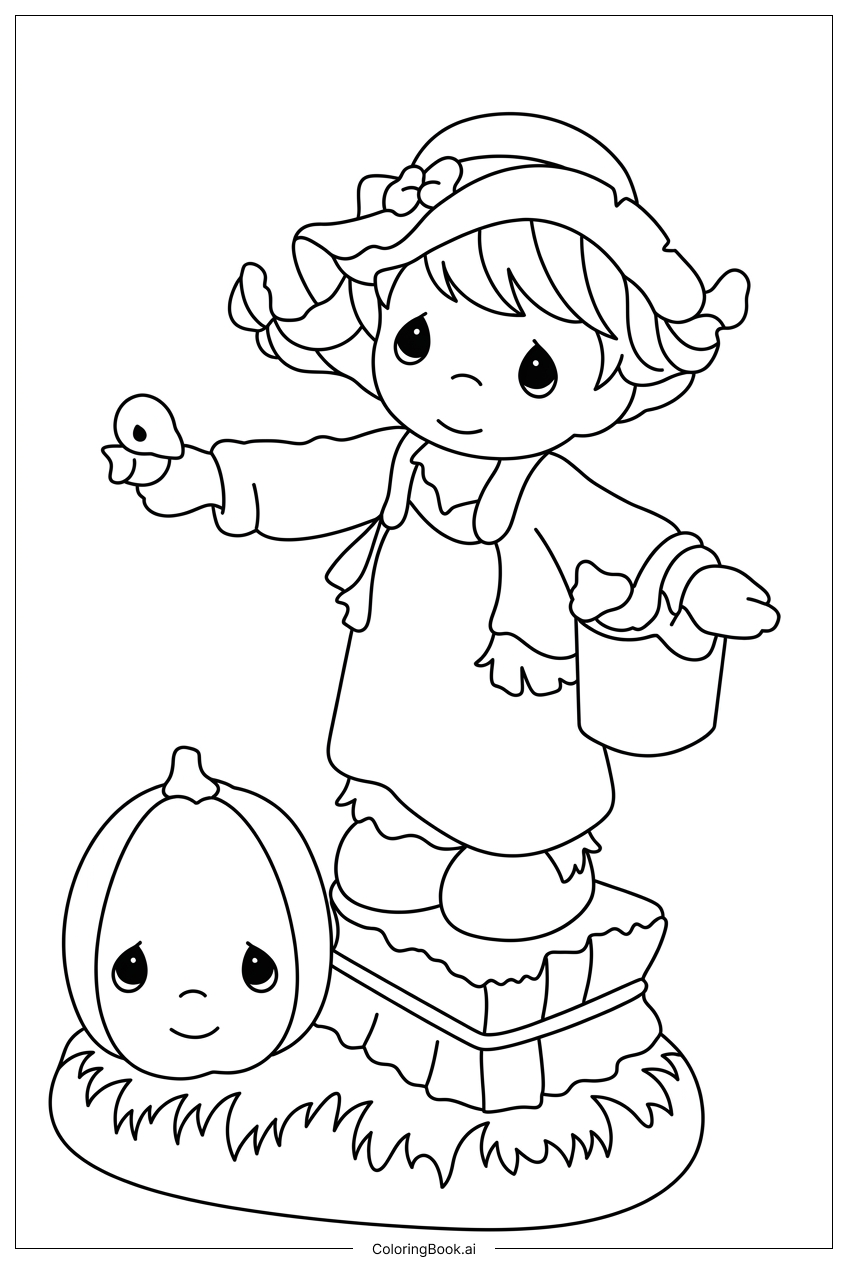 Página para colorear de Niña Precious Moments recibe el otoño con un pájaro 