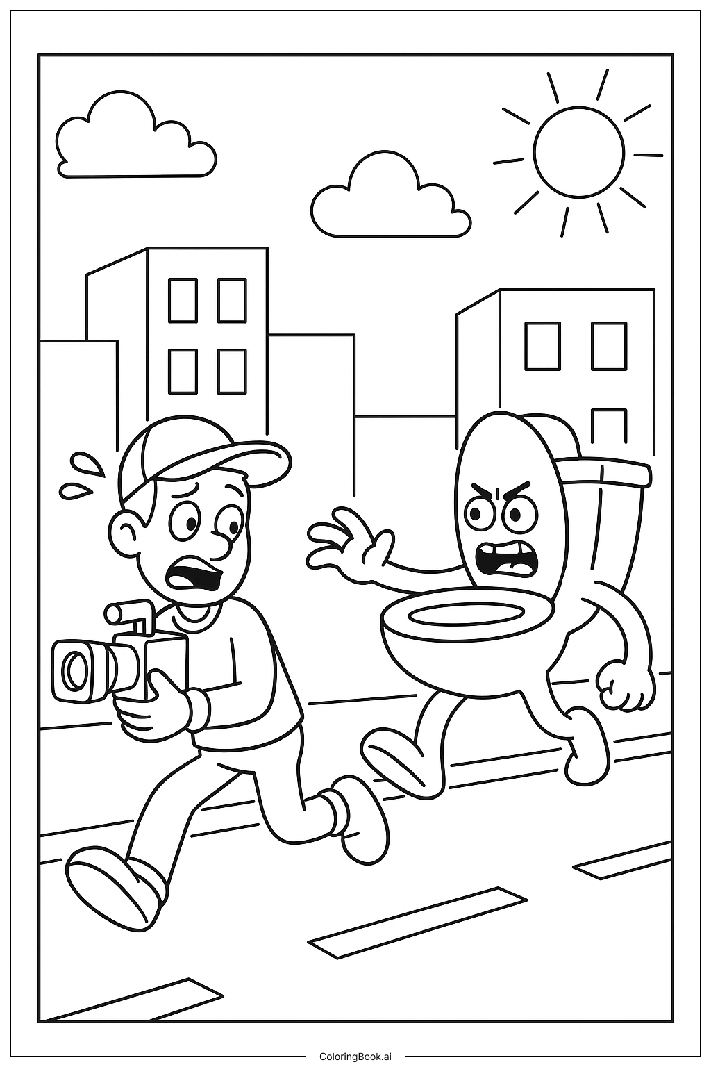  Page de coloriage Toilettes Skibidi Poursuivant un Caméraman 