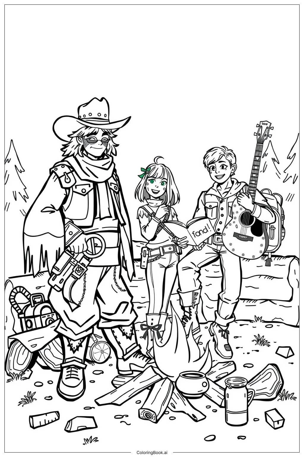  Cowboy and friends around a bonfire-2 Coloring Page 