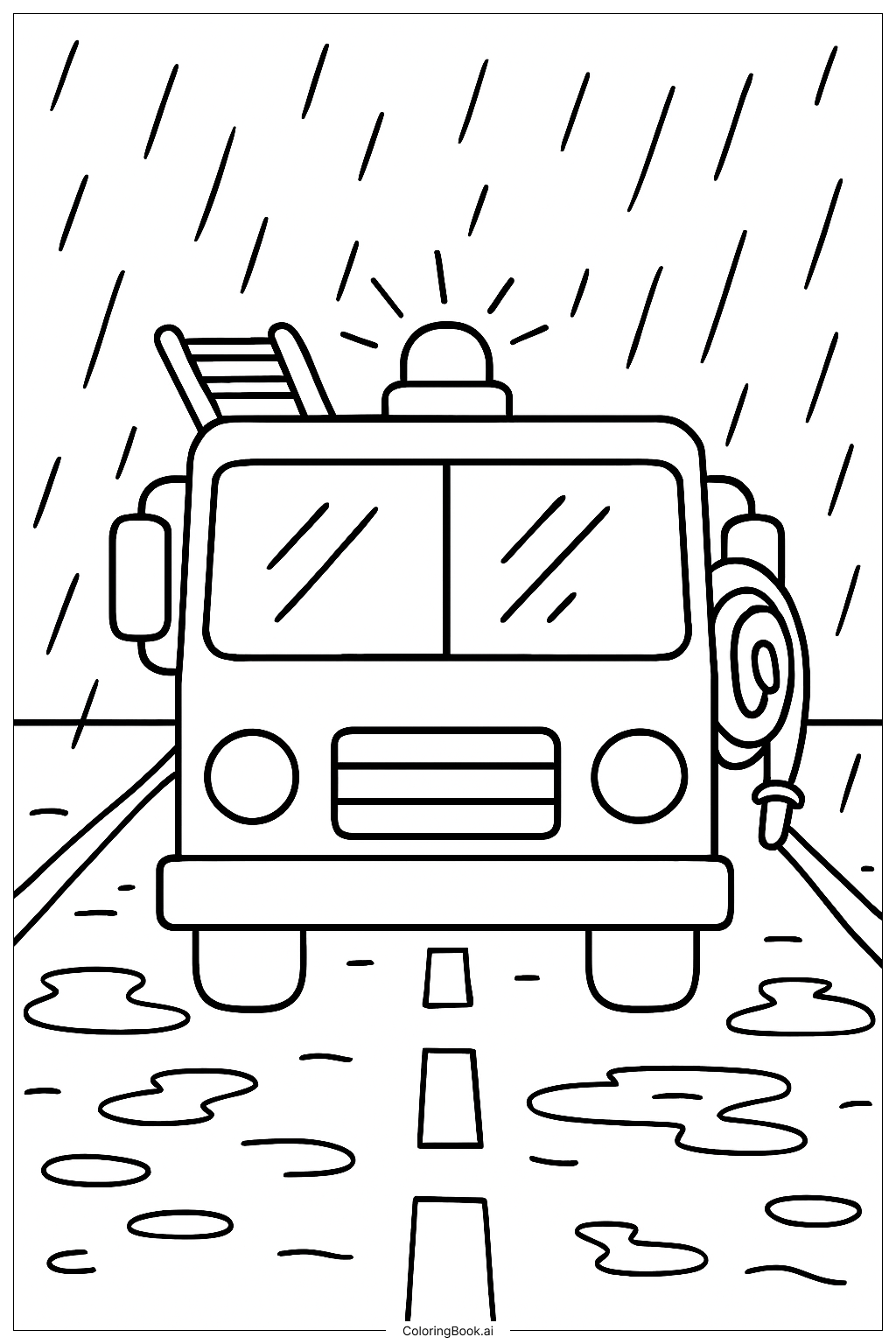  Page de coloriage Camion de pompier dans une rue pluvieuse 
