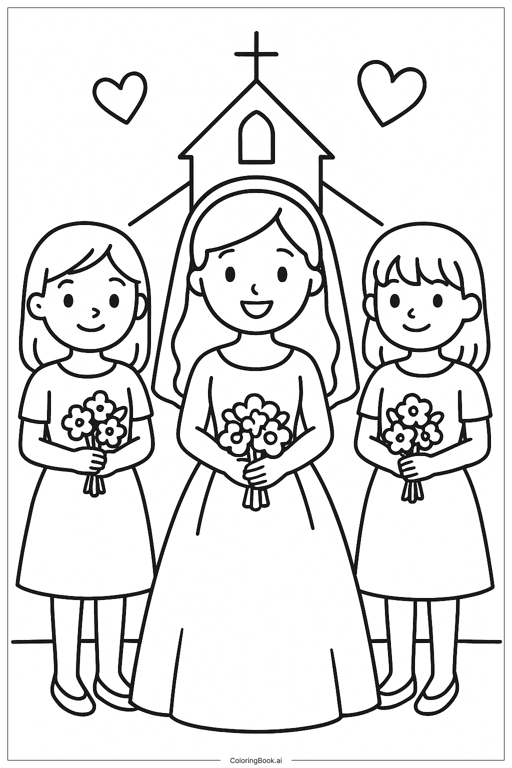  花嫁と彼女のブライズメイドの塗り絵ページ 