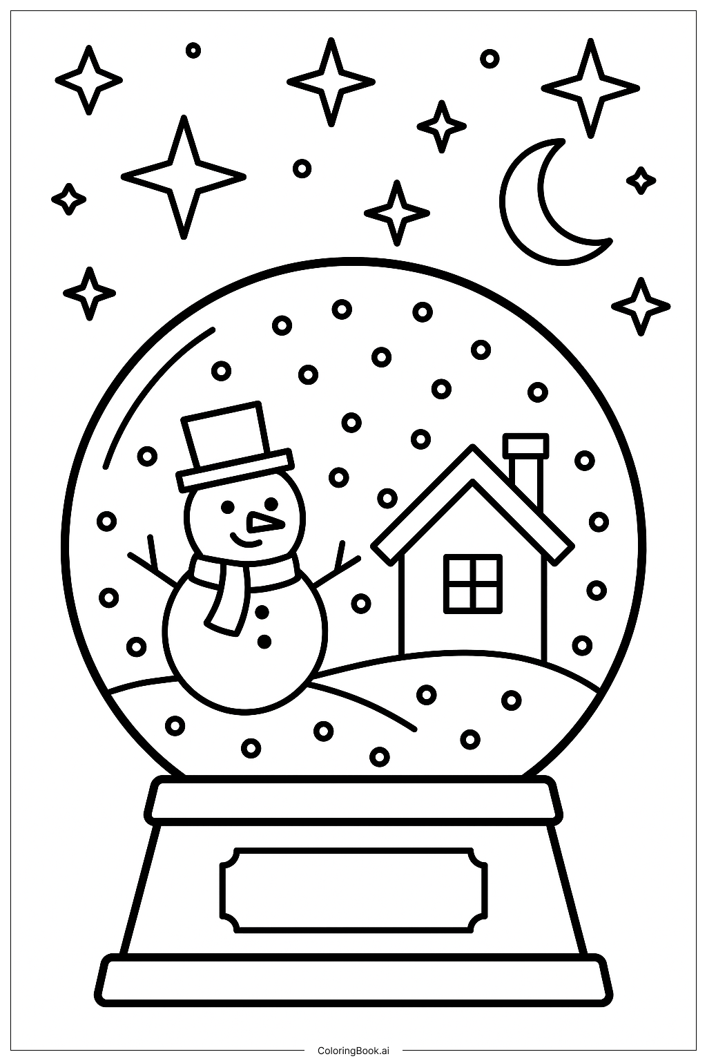 星空の下のスノーグローブの塗り絵ページ