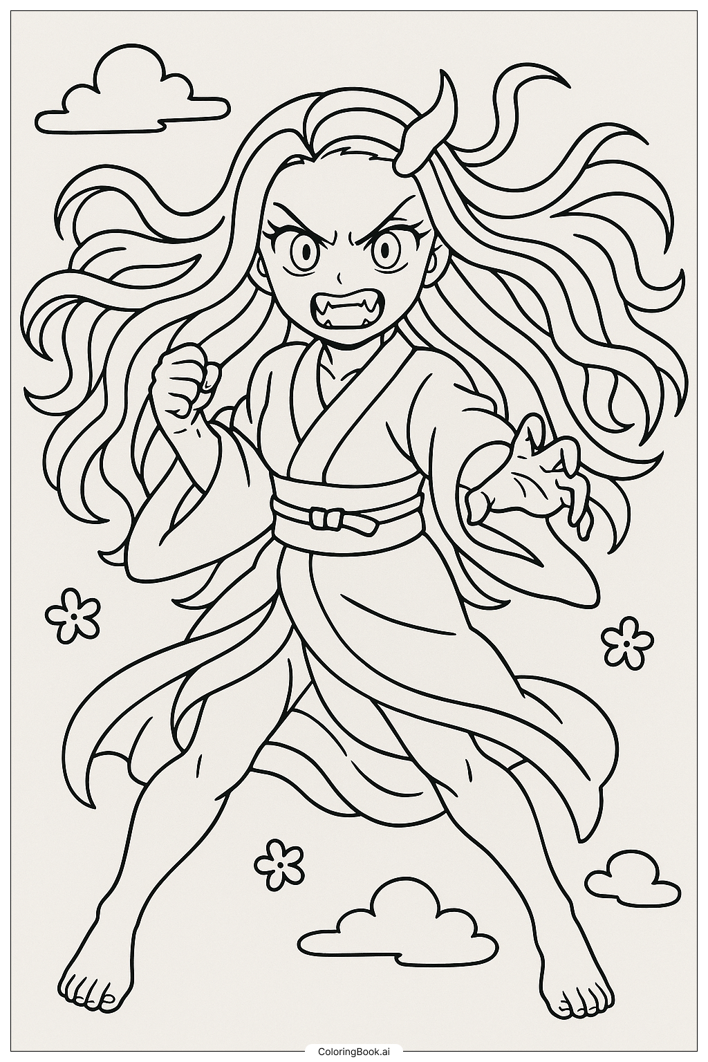  Página para colorear de Nezuko en Forma Demoníaca Completa 